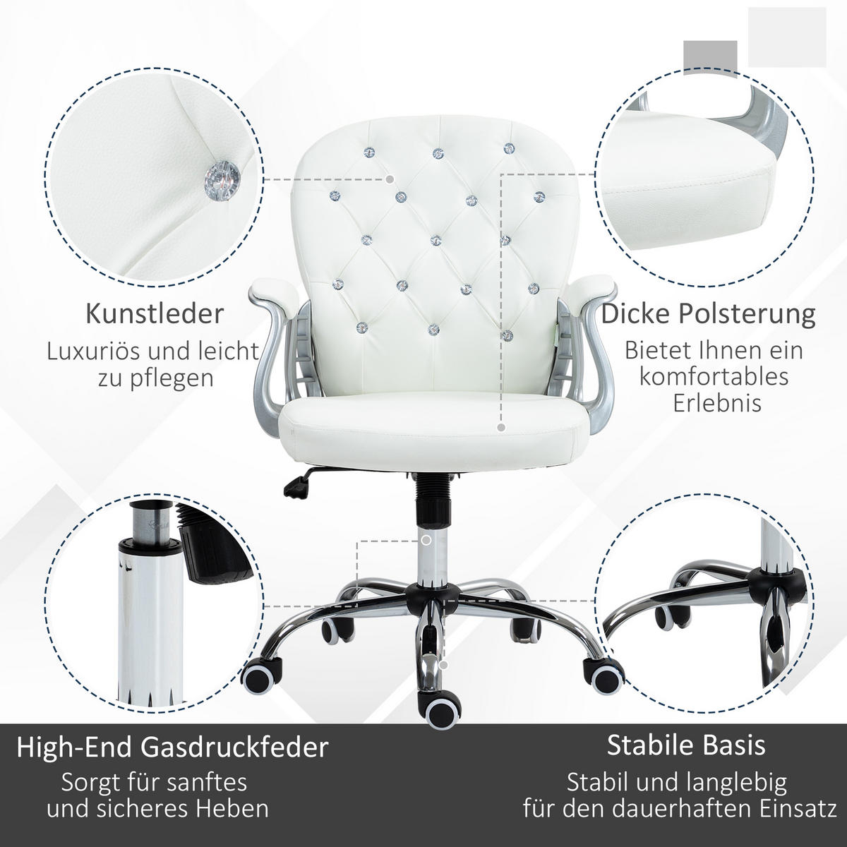 BÜROSTUHL, Ergonomisch Schreibtischstuhl mit Armlehne, Gepolsterter Rückenlehne Weiß - Weiß, Leder (60.5/103/59.5cm)
