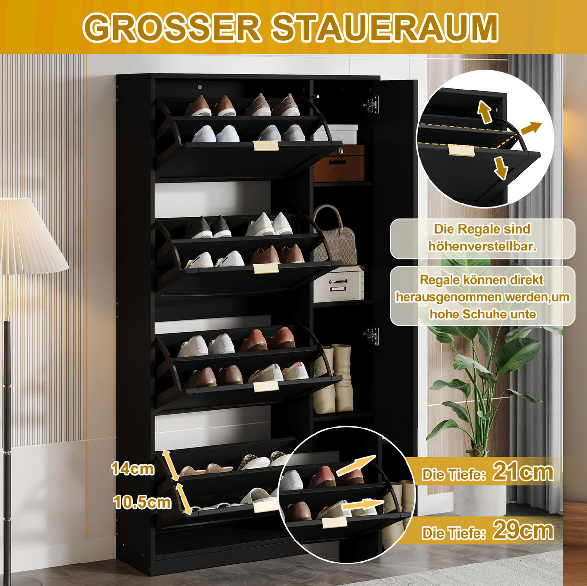 SCHUHSCHRANK 80/24/147 cm mit Spiegeltüren, 4 Klappenfächern und verstellbaren Einlegeböden, Schwarz - Schwarz, Holzwerkstoff (80/147/24cm) - Redom