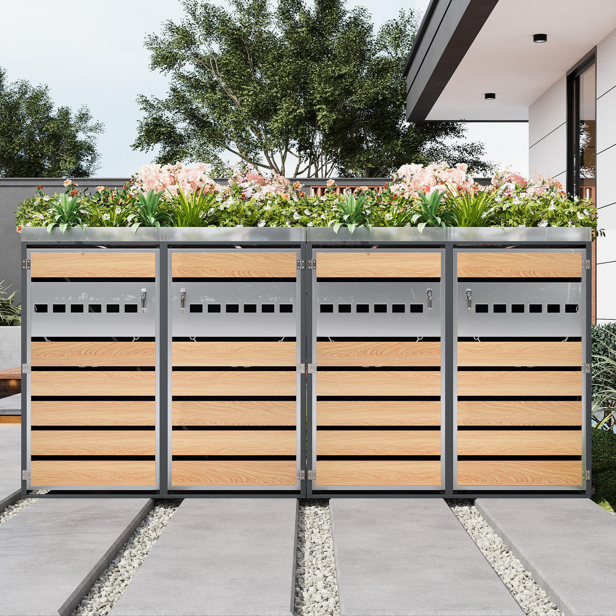 MÜLLTONNENBOX 4 Türen abschließbar Pflanzdach Belüftung - Multicolor, Metall (160/236/264cm) - FLIEKS