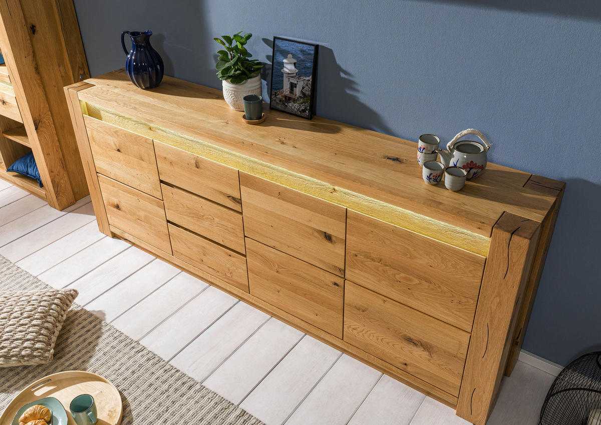 SIDEBOARD Wildeiche 223x40x85 natur geölt KENT #131 - Braun, Holz (223/85/40cm) - Massivmoebel24