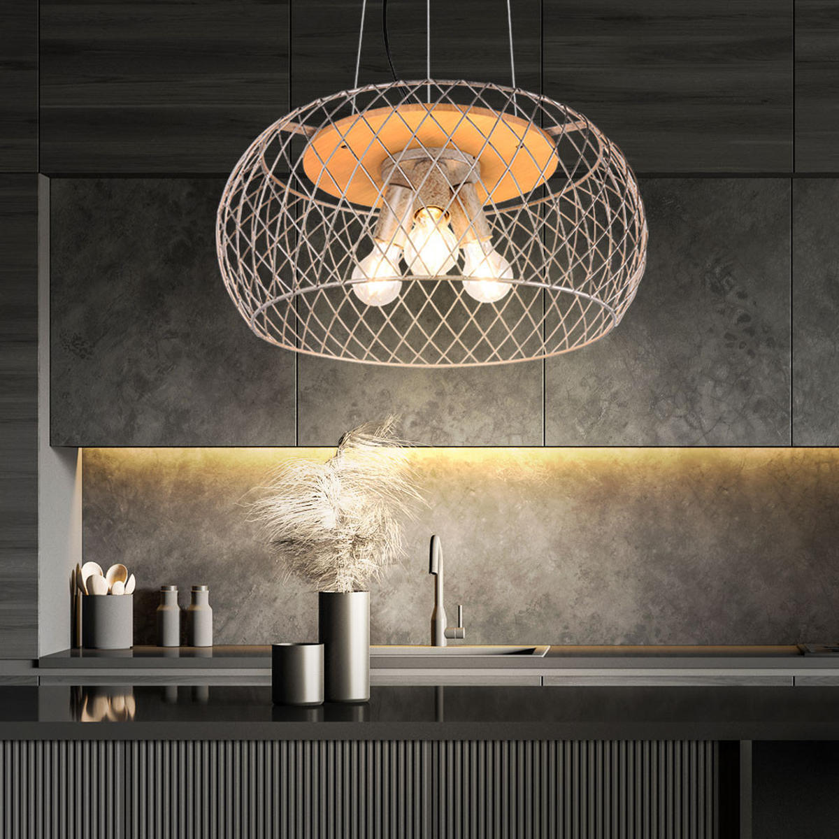 PENDELLEUCHTE Metall Silber rund Drahtgeflecht - Silberfarben, Holz (50/50/150cm)