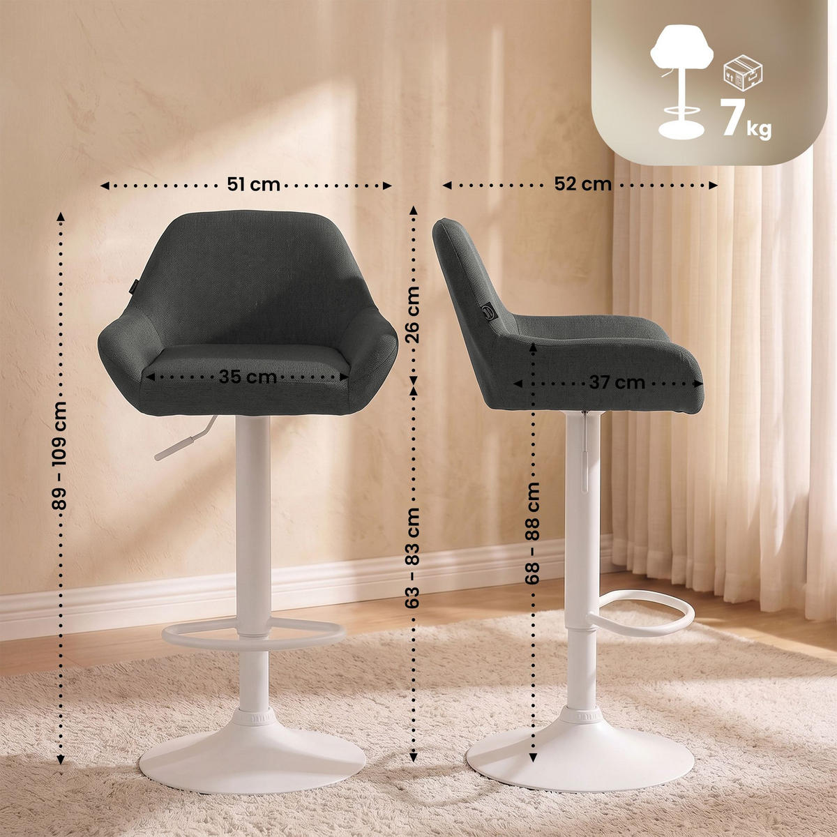 BARHOCKER 2er Set Stoff dunkelgrau - Dunkelgrau/Weiß, Textil/Metall (51/89/52cm) - CLP
