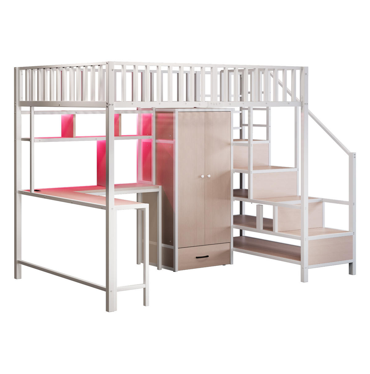 HOCHBETT 140/200 cm Weiß mit Schreibtisch, Kleiderschrank und LED-Beleuchtung - Weiß, Metall (140/200cm) - Flora Grace