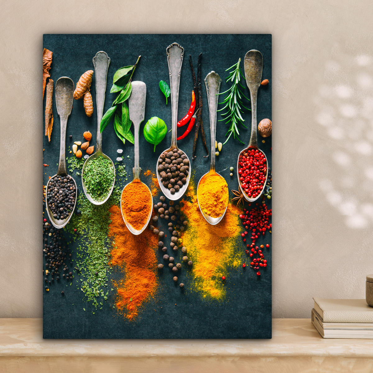 LEINWANDBILD Kräuter - Gewürze - Löffel Room Decor 30x40 cm - Currygelb, Textil (30/40cm) - MuchoWow