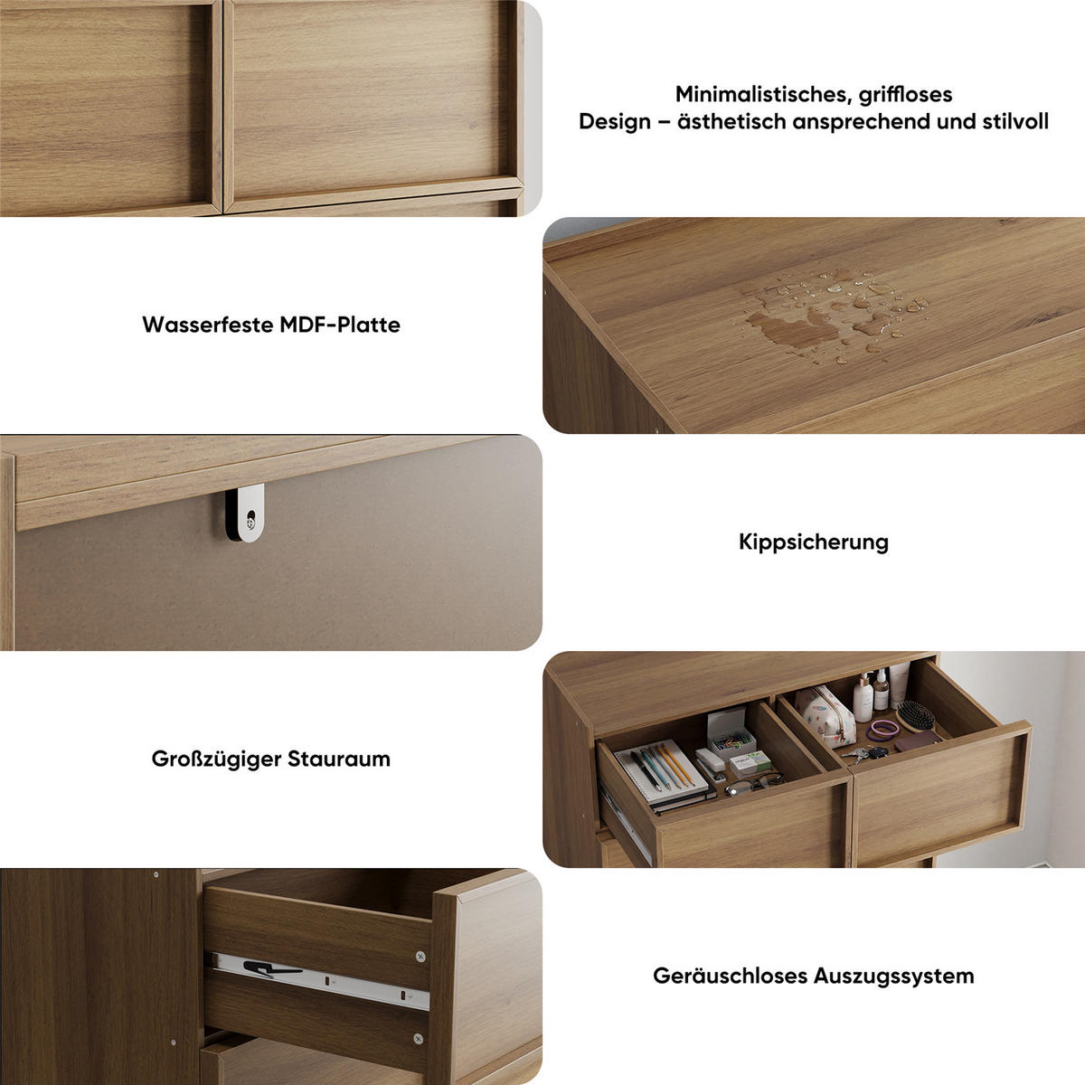 KOMMODE Eiche 80x127x48 cm Hochkommode 6 Schubladen - Hellbraun, Holz (48/127.5/80cm) - Kaket