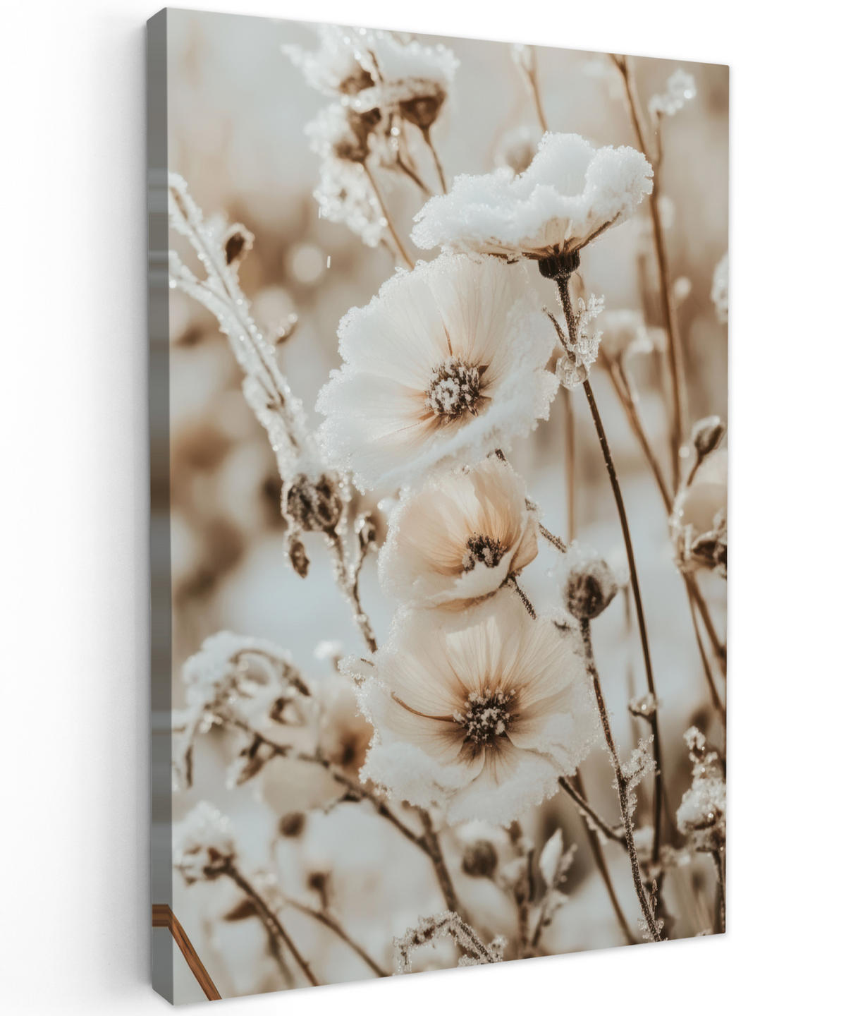 LEINWANDBILD Blumen - Winter - Weiß - Schnee - Beige 80x120 cm - Creme, Textil (80/120cm) - MuchoWow