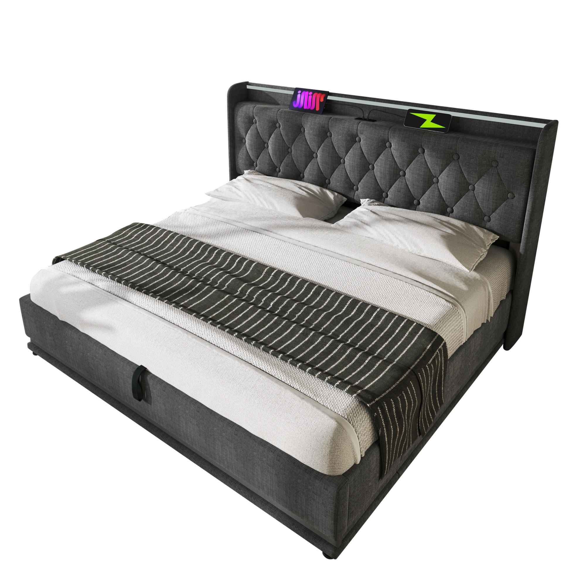 POLSTERBETT 180/200 cm mit hydraulischem Bettkasten, 360° LED und USB/Typ-C im Kopfteil,Grau - Grau, Textil (180/200cm) - Redom