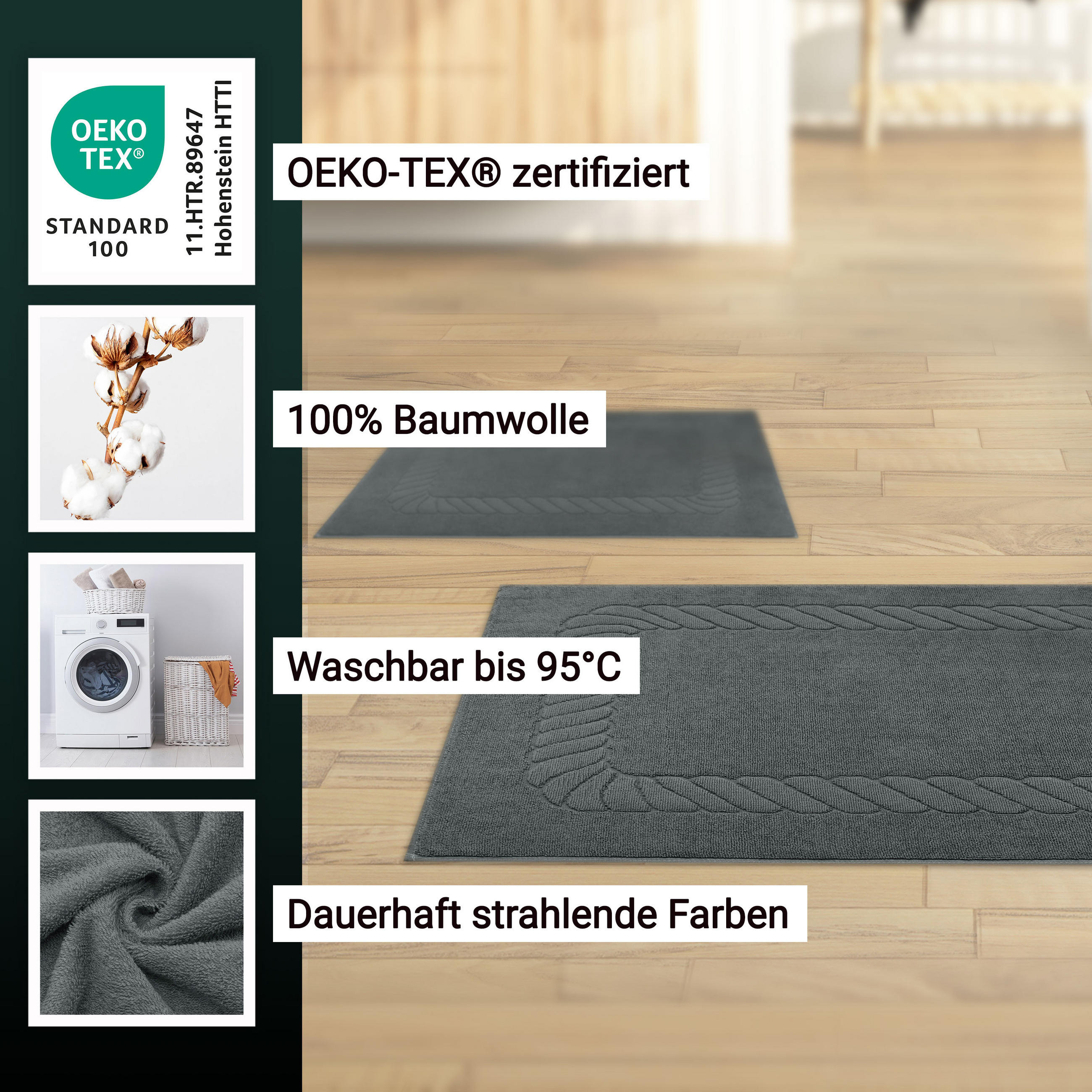 BADEMATTE, 2er-Set, 50x70 cm, 100% Baumwolle, Grau - Graphitfarben, Textil (50/70cm) - Zollner