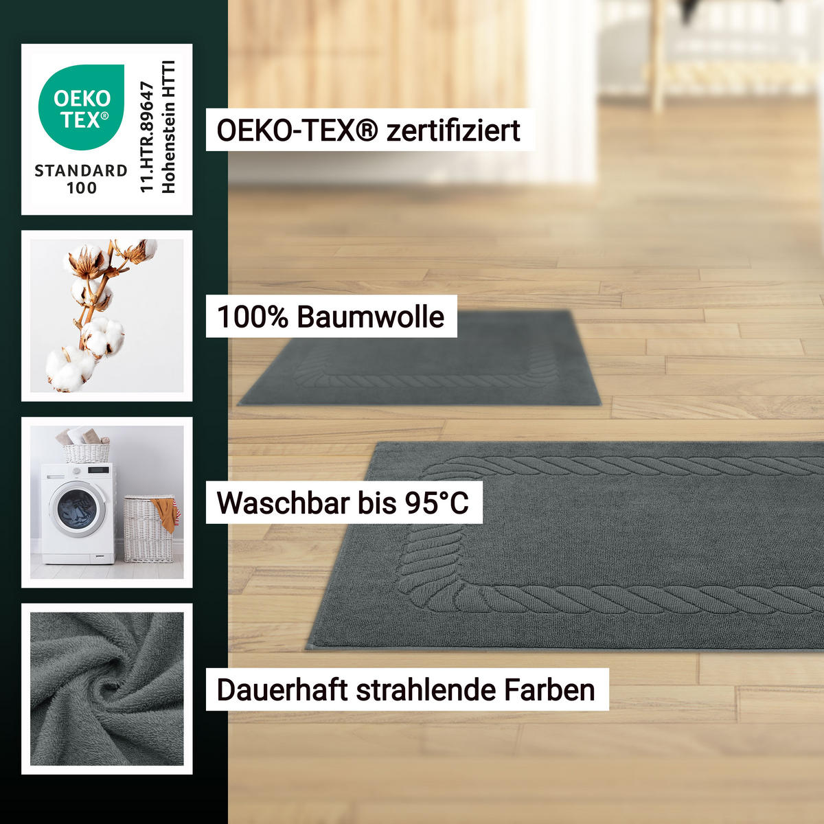 BADEMATTE, 2er-Set, 50x70 cm, 100% Baumwolle, Grau - Graphitfarben, Textil (50/70cm) - Zollner