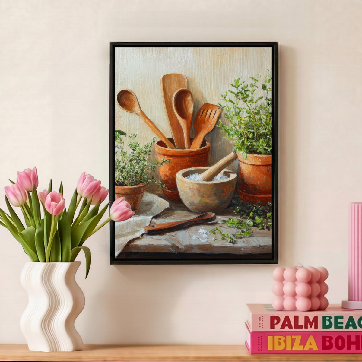 LEINWAND Bilder mit Rahmen - Töpfe - Kräuter - Holz - 30x40 - Terracotta, Textil (30/40cm) - MuchoWow