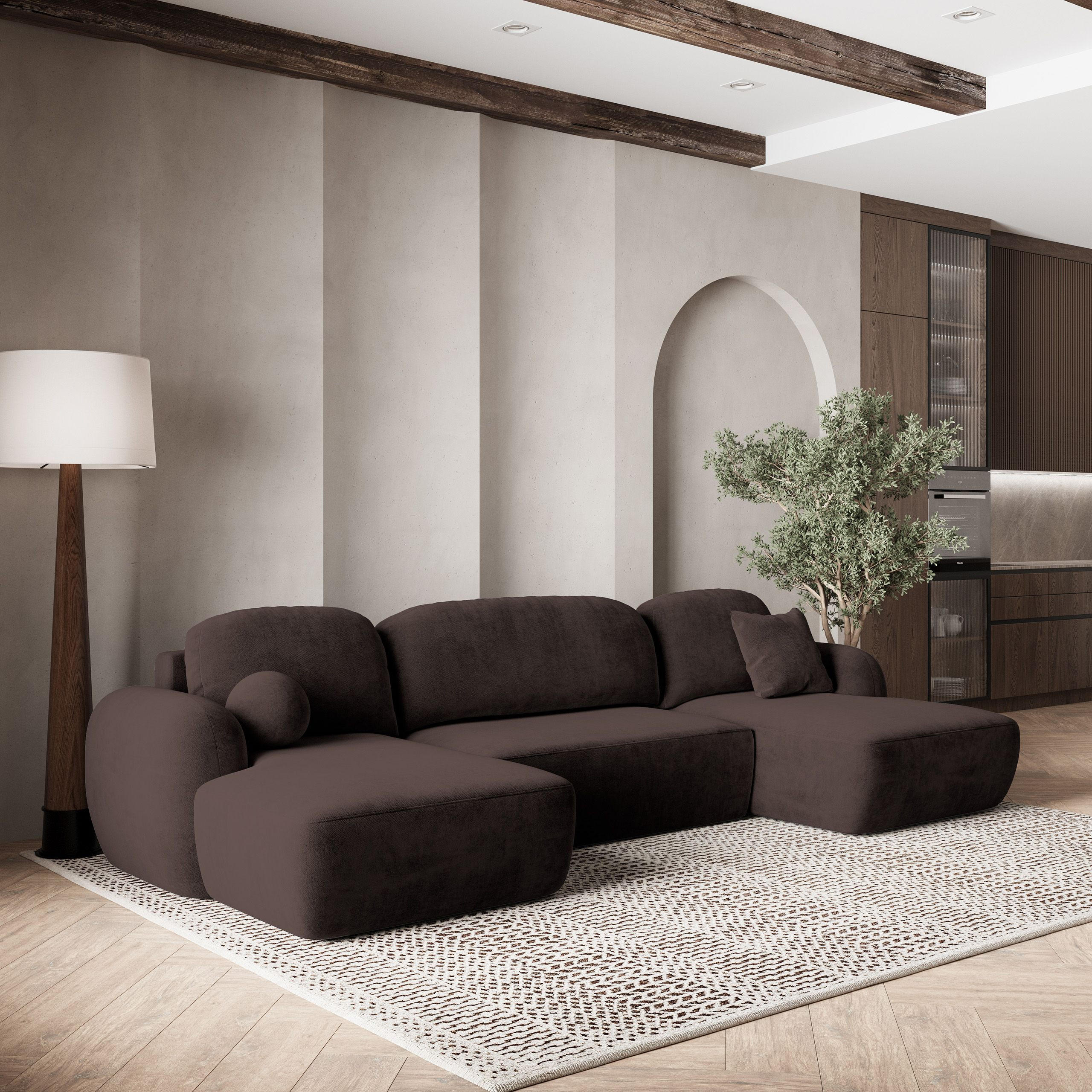 WOHNLANDSCHAFT SAVONA K Braun Plüsch-Stoff mit Schlaffunktion - Braun, Holz (350/90/148cm) - MASSENO