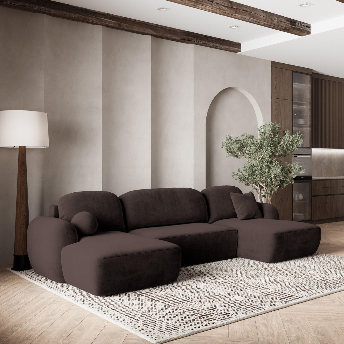 WOHNLANDSCHAFT SAVONA K Braun Plüsch-Stoff mit Schlaffunktion - Braun, Holz (350/90/148cm) - MASSENO