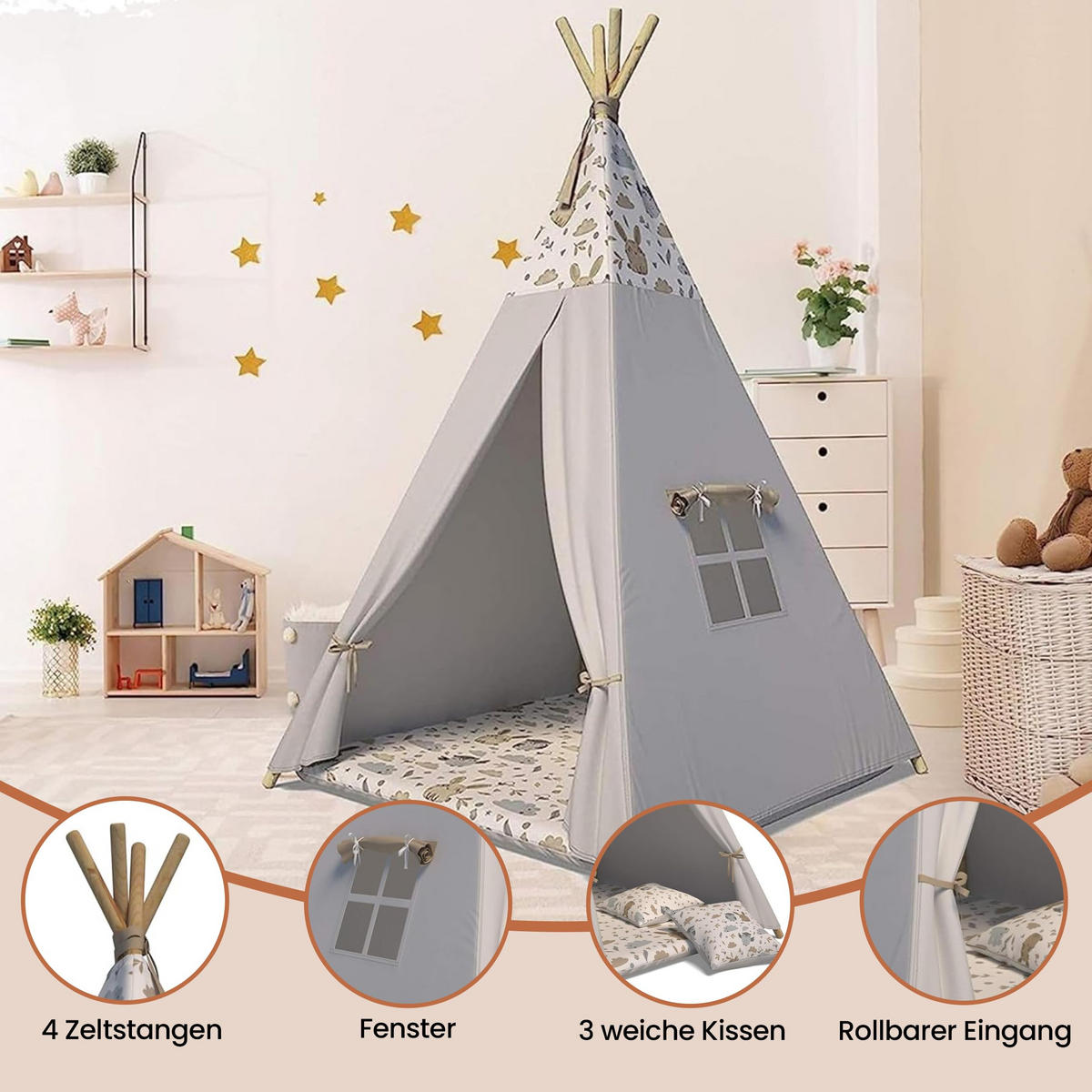 TIPI-ZELT 105 x 105 x 140 cm Grau Tierchen mit weichen Kissen | Spielzelt für Kinderzimmer Indoor - Creme, Textil (105/105cm) - Best for Kids