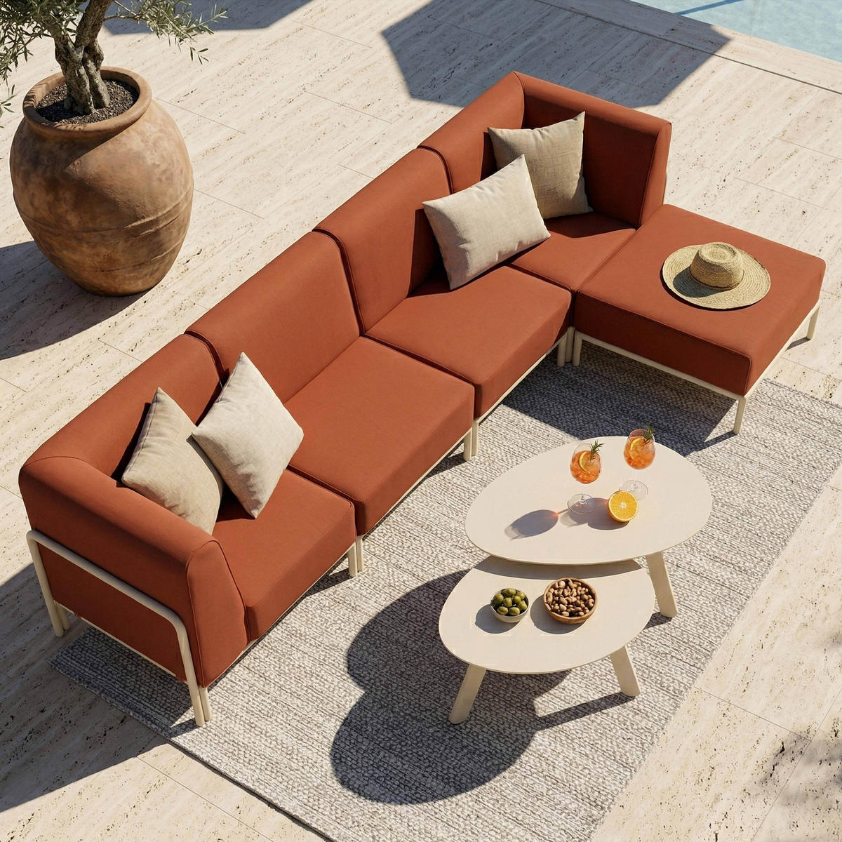 GARTENSOFA mit 5 Sitzplätzen, Terrakotta - Rot, Textil (288/78/80cm) - Oviala