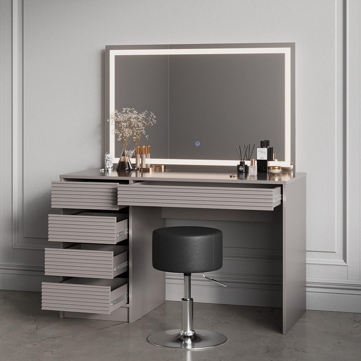 SCHMINKTISCH Imola Cashmere mit LED-Spiegel und Hocker - Kaschmir, Holzwerkstoff (120/75/55cm) - Livinity®