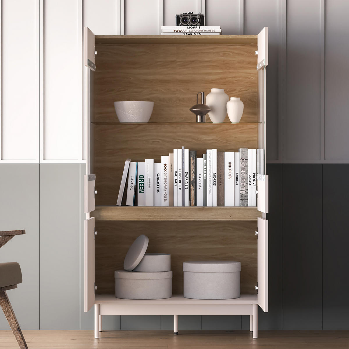 VITRINENSCHRÄNK NALIA, Vitrine, Creme/Eiche - Eichefarben/Creme, Glas/Holzwerkstoff (92/156/40cm) - KONSIMO®