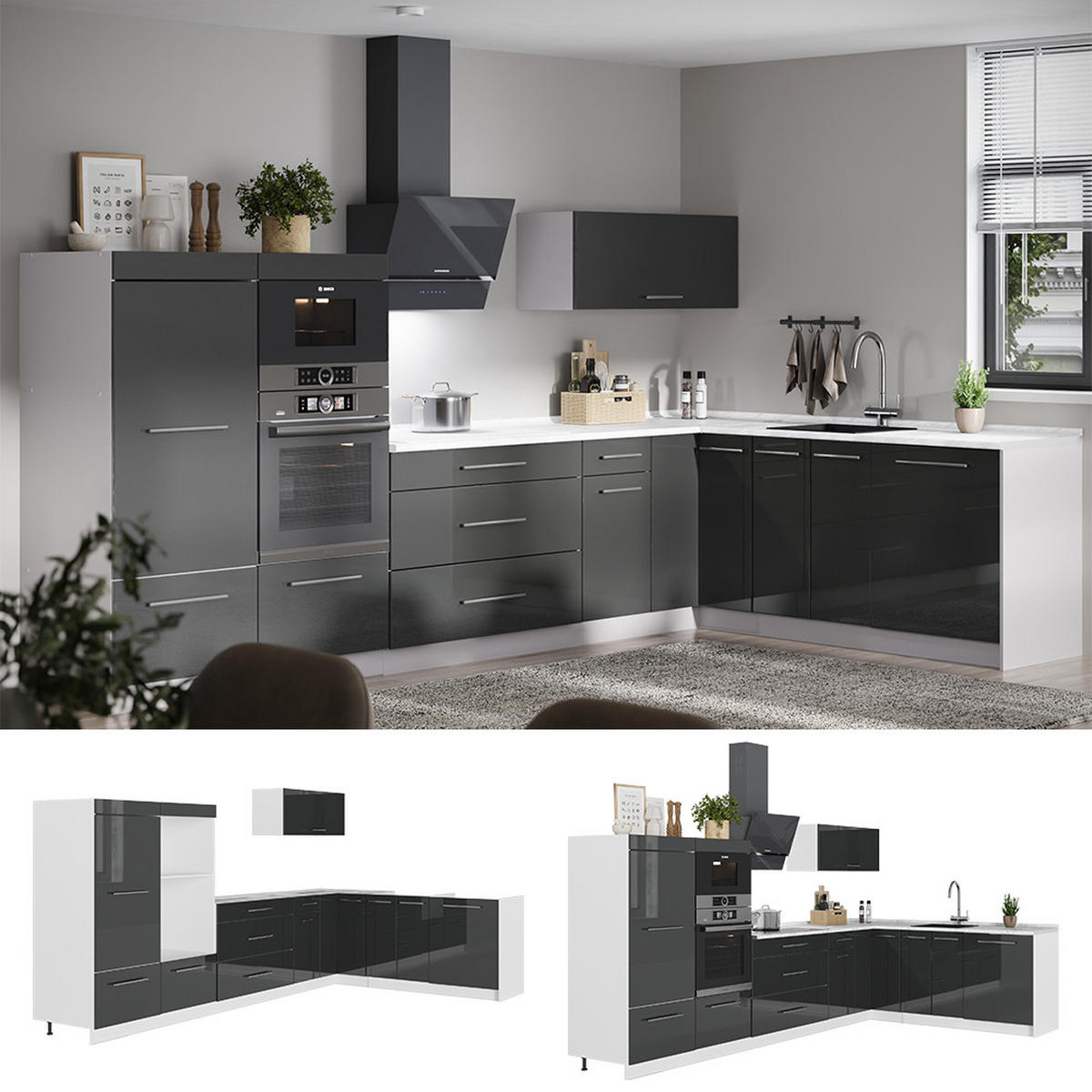 ECKKÜCHE Fame-Line, Anthrazit Hochglanz/Weiß, 347 x 207 cm, AP Eiche - Schwarz Hochglanz/Weiß, Holzwerkstoff (347/153.6/60cm) - Vicco