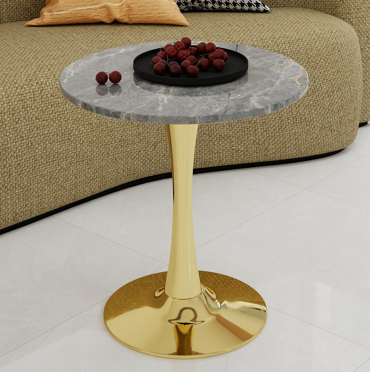 COUCHTISCH Ø 70,1 cm vielseitig einsetzbar mit Tischplatte aus Kunstmarmor, Goldfarben - Goldfarben, Stein (70/70/72cm) - Modfu