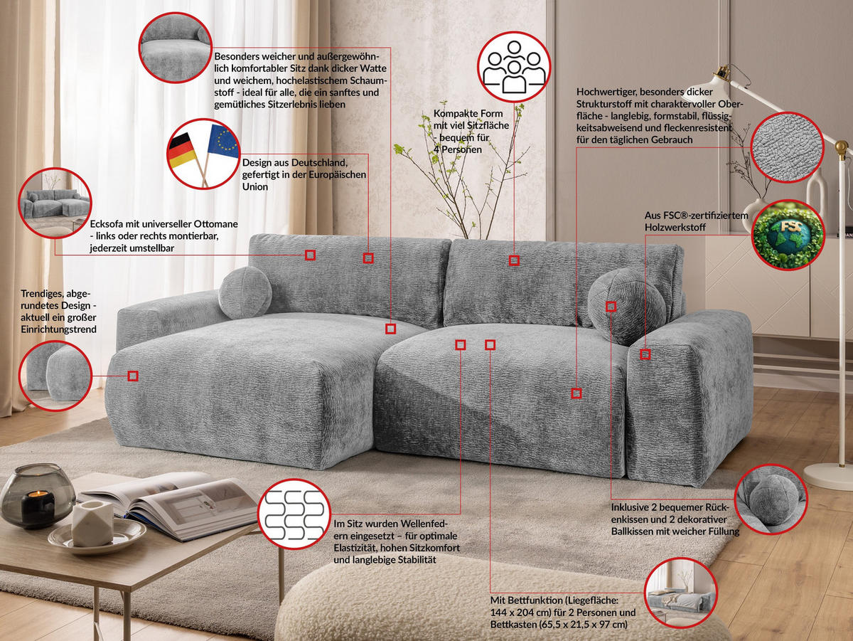 ECKSOFA Puffy mit Schlaffunktion und Bettkasten - besonders weich und puffig aus Hellgrau Stoff mit Chenillestruktur - Ottomane links - Hellgrau/Schwarz, Holz/Kunststoff (138/266cm) - S-Style Möbel