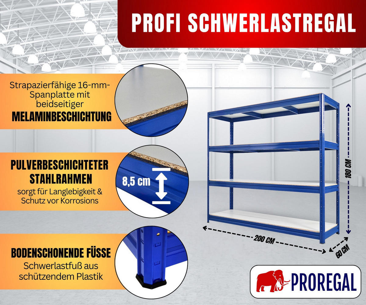 SCHWERLASTREGAL Dino 180x200x60cm Melamin-Ebenen Blau - Blau, Metall (200/180/60cm) - PROREGAL