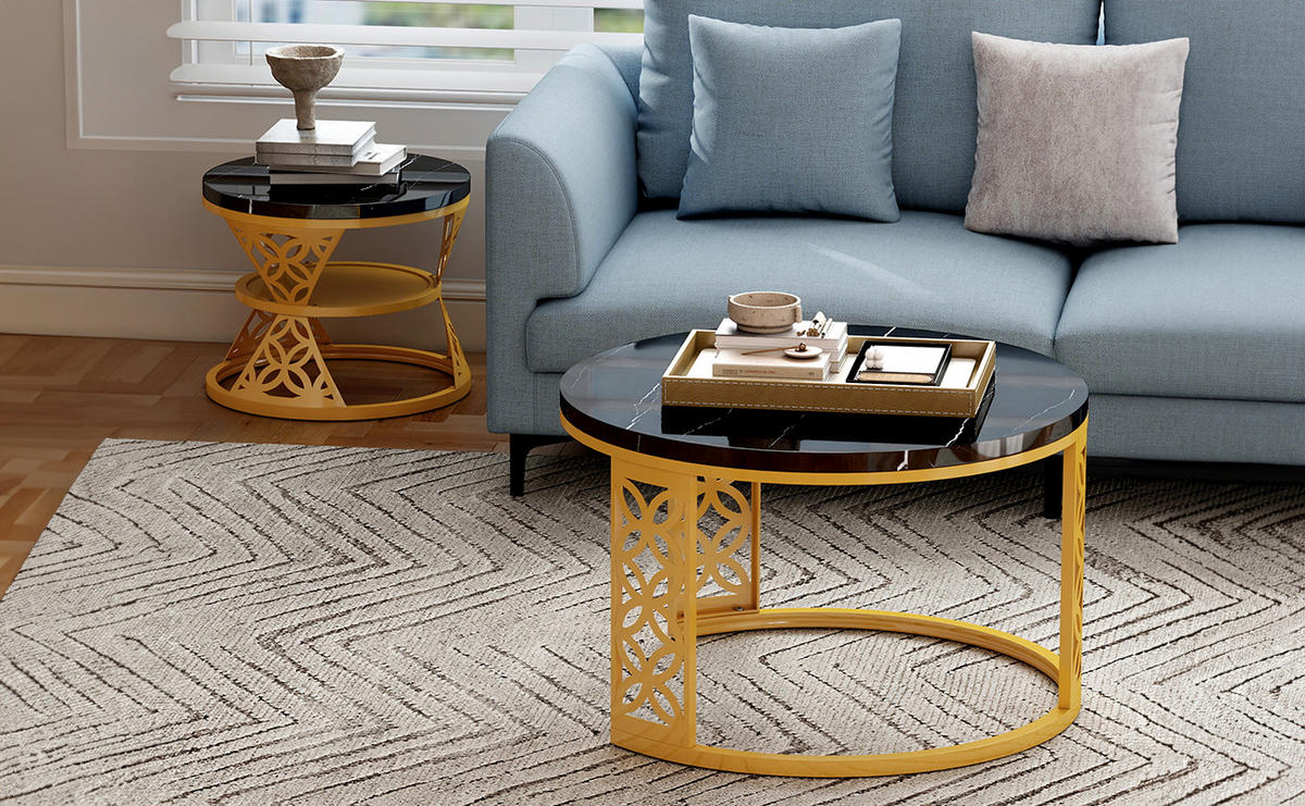 COUCHTISCH 2er-Set Marmoroptik Schwarz Gold - Weiß, Metall (70/70/45cm) - Beauniv