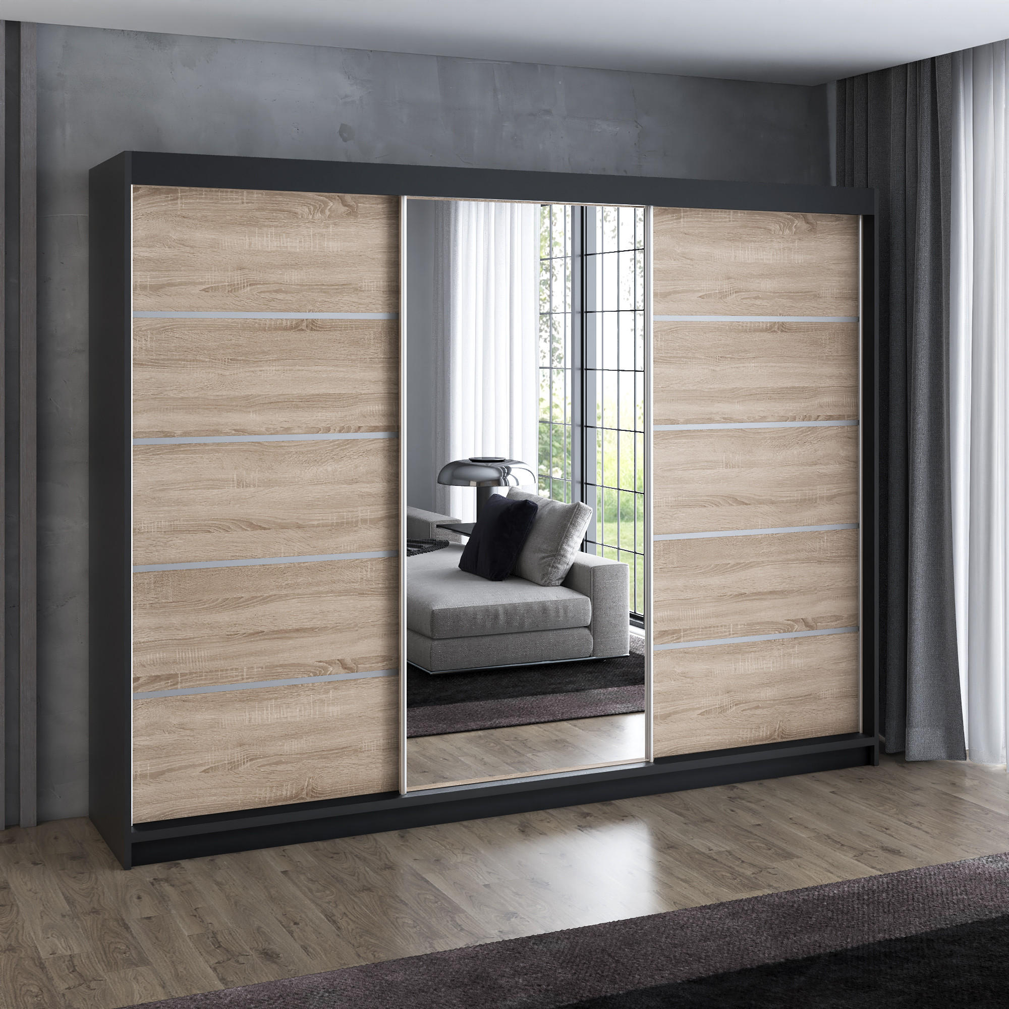 SCHWEBETÜRENSCHRANK 200 cm VILANO 1 Farbe: Schwarz, Sonoma - Schwarz/Sonoma Eiche, Holzwerkstoff (200/215/59.5cm) - A&J MöbelLand