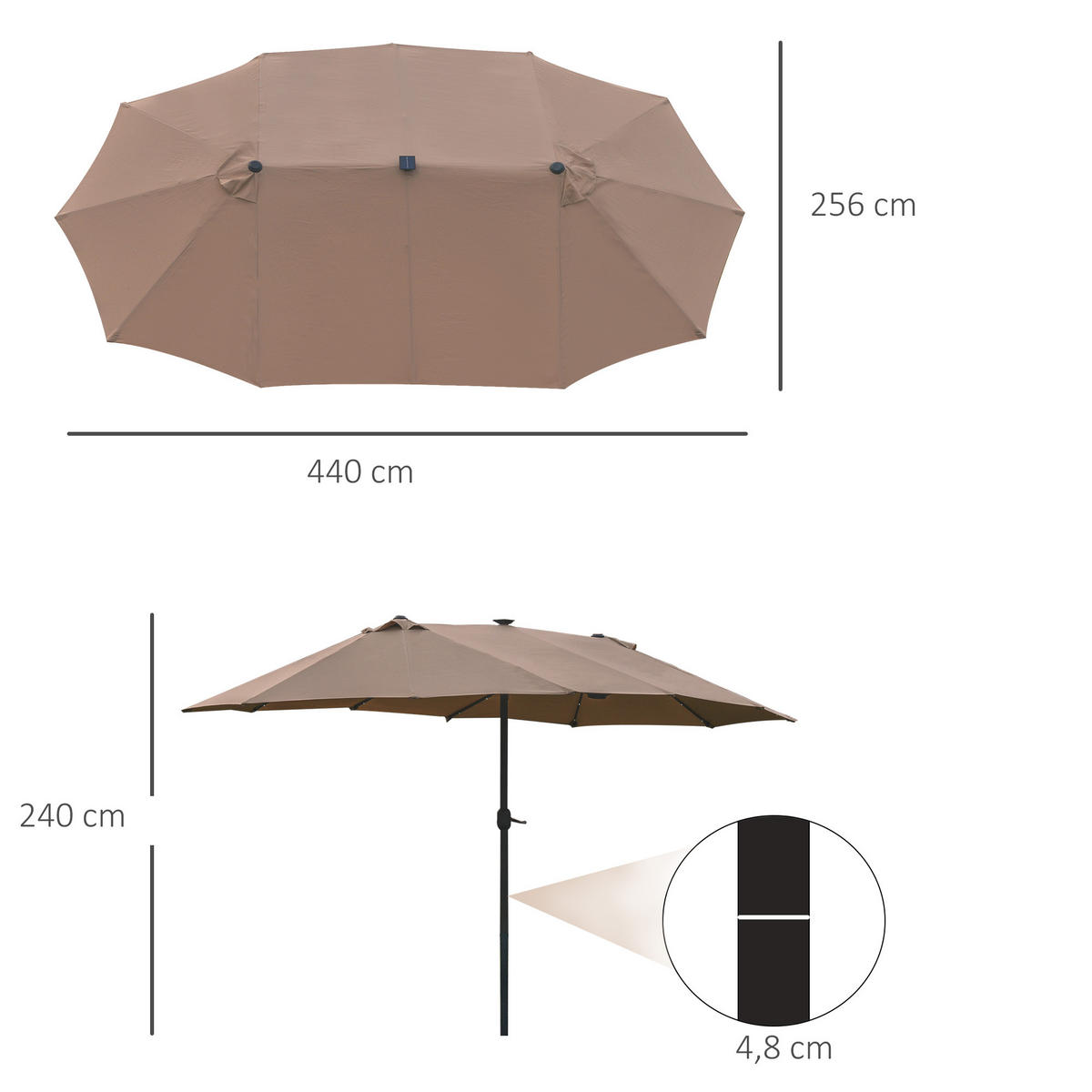 SONNENSCHIRM, Metall, Polyester, Khaki - Braun, Metall (440/260cm) - Outsunny