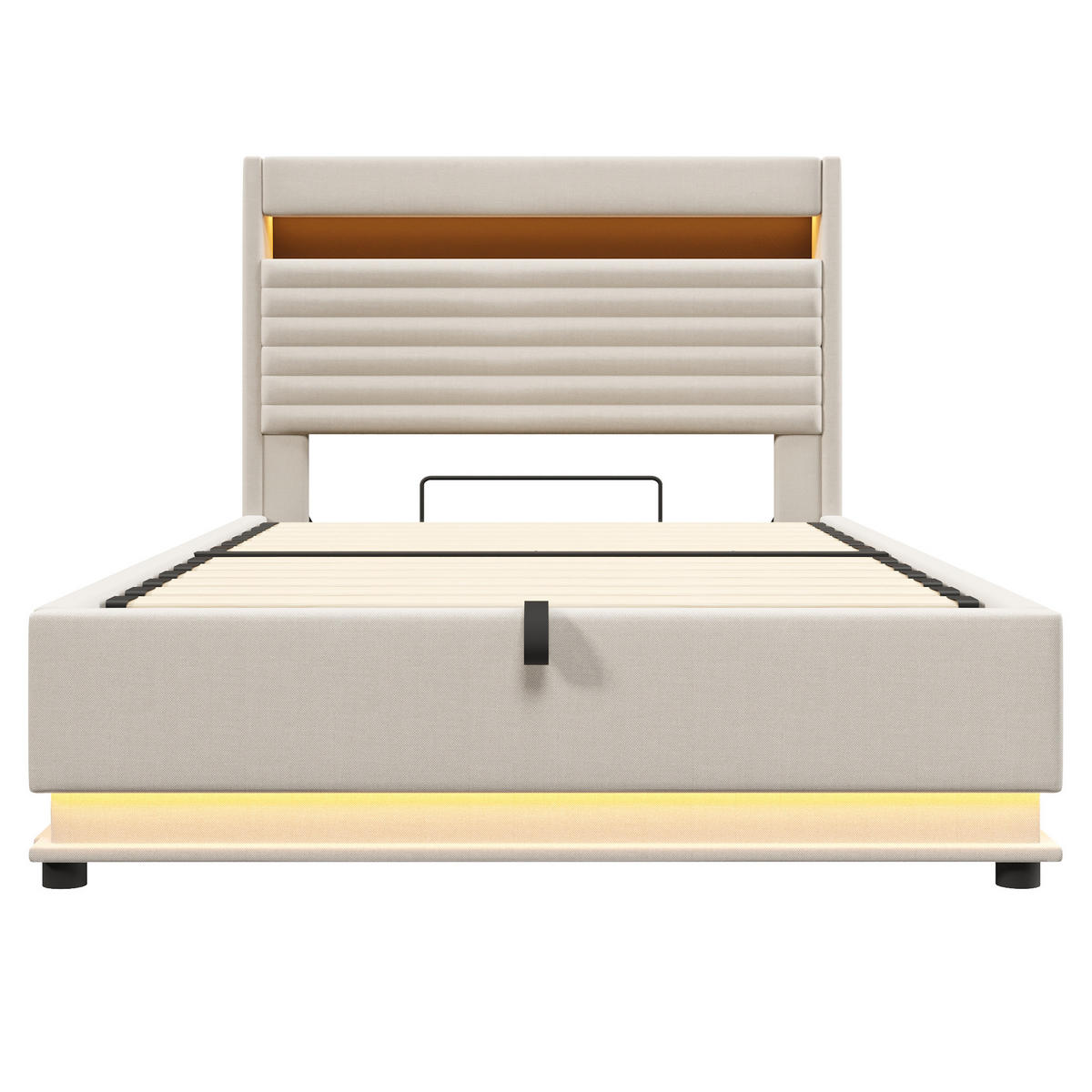 POLSTERBETT 140/200 cm Beige mit USB-Typ-C-Anschluss, LED-Beleuchtung und Ablagefach - Beige, Textil (140/200cm) - Oxeza