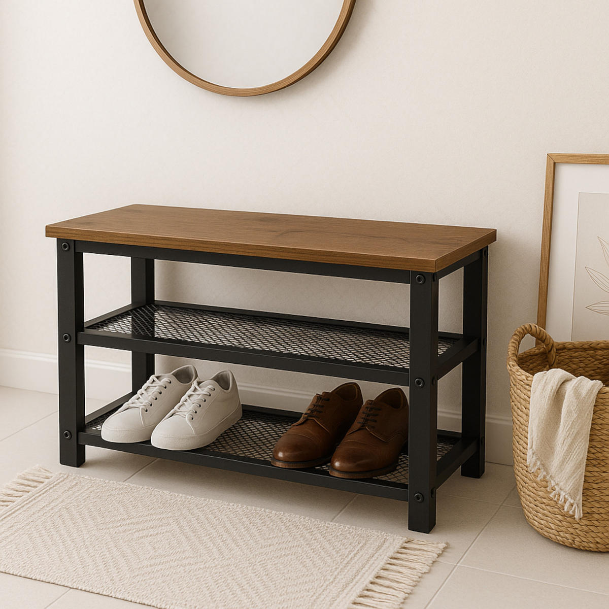 SCHUHBANK Metall Holzoptik Dunkelbraun Schwarz mit 2 Ablagen 73×30×45 cm - Dunkelbraun/Schwarz, Holzwerkstoff/Metall (73/45/30cm) - Begryf