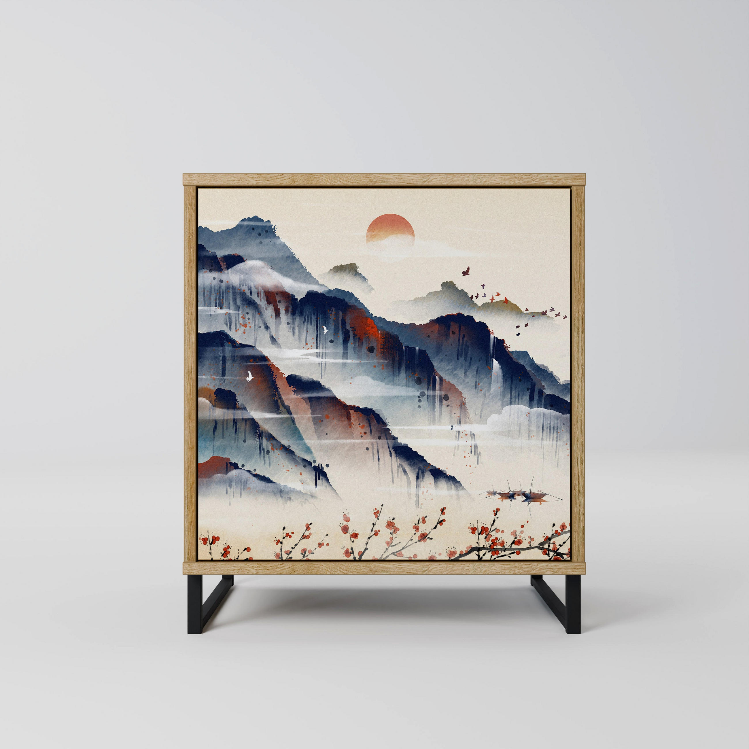 SIDEBOARD JAPANESE LANDSCAPE, Eichefarben, 57,5x42x67,5 cm, Schwarze Metall-Rahmenfüße - Eichefarben/Multicolor, Holzwerkstoff/Metall (57.5/67.5/42cm) - SpaceRebels