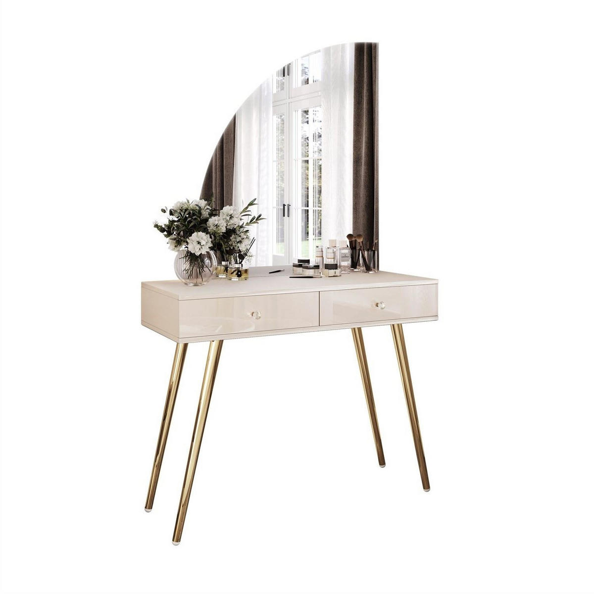 SCHMINKTISCH SIENNA-QS KASCHMIR mit LED-Spiegel Kristallgriff - Beige, Holzwerkstoff (100/81/42cm) - Lookway