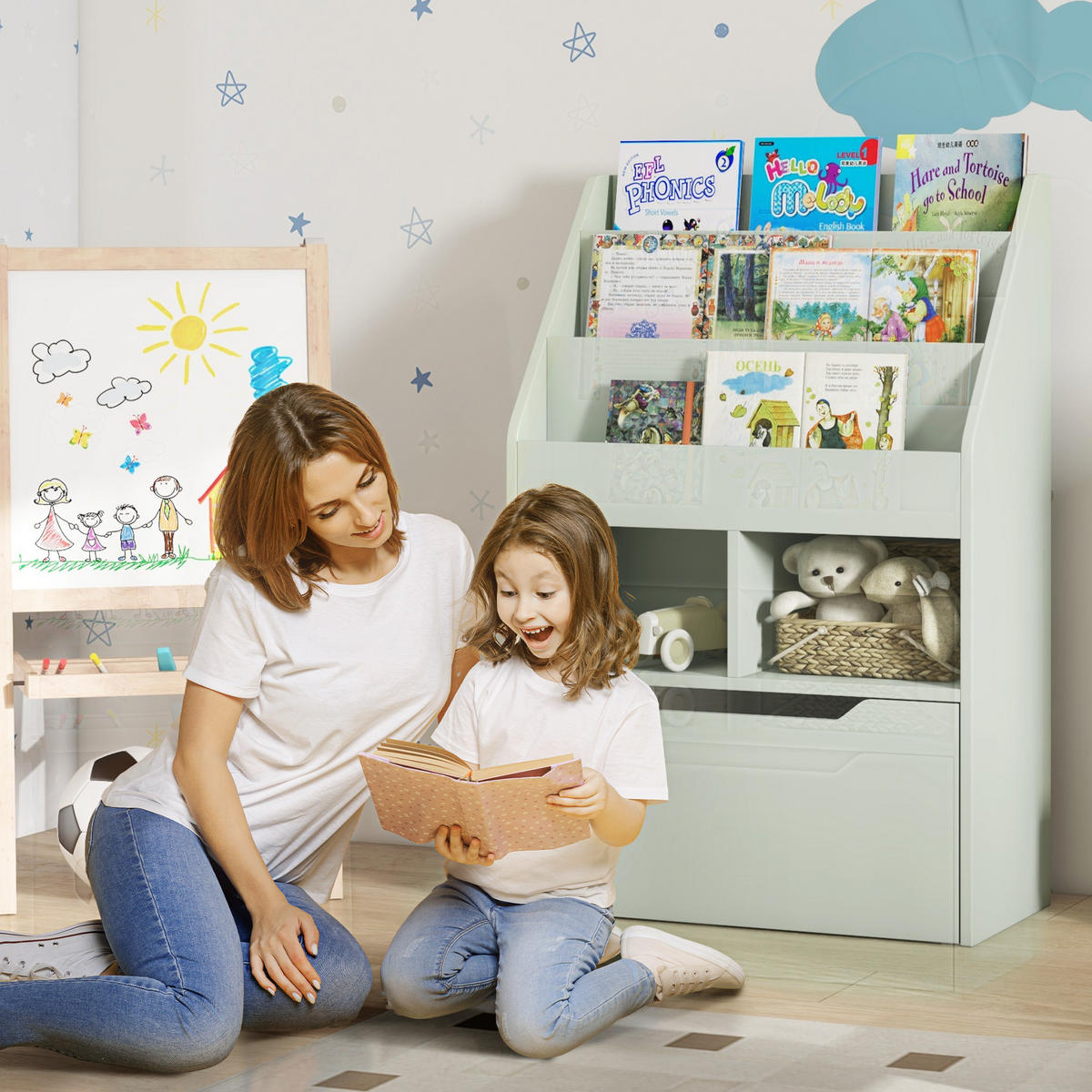 KINDERBÜCHERREGAL - Grün, Holzwerkstoff (29.9/90/60cm) - HOMCOM