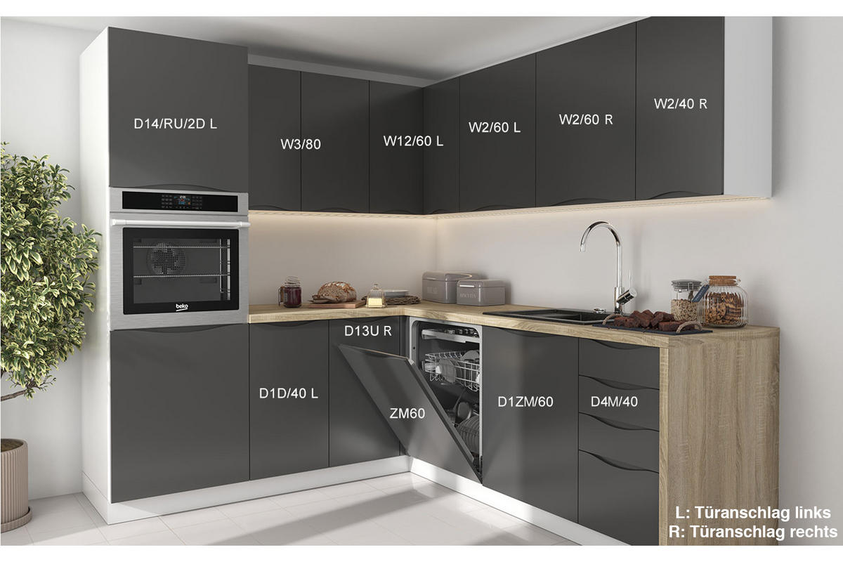 WINKELKÜCHE Napoli weiß matt / RAL 7012 basaltgrau (K5) 228/ 205 / 207cm 11-teilig - Weiß/Grau, Holzwerkstoff (232/207/205cm) - Feldmann-Wohnen