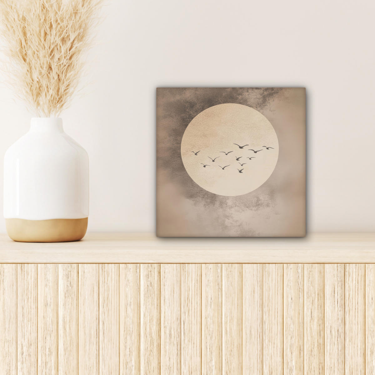 LEINWANDBILD Vogel - Beige - Japanisch Deko Wohnzimmer 20x20 cm - Taupe, Textil (20/20cm) - MuchoWow