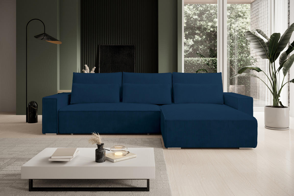 ECKSOFA Alice mit Bettkasten und Schlaffunktion, Cordstoff in L-Form - Blau, Textil (289/184cm)