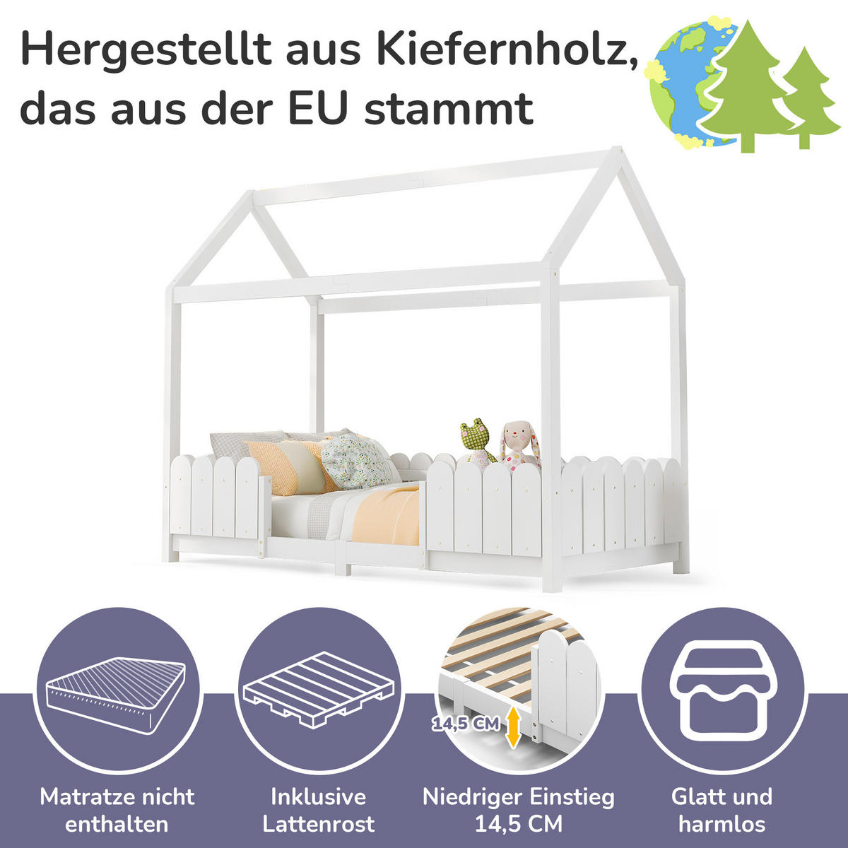 KINDERHAUSBETT 90/200 cm mit Rausfallschutz und Lattenrost aus Massivholz, Weiß - Weiß, Holz - Redom