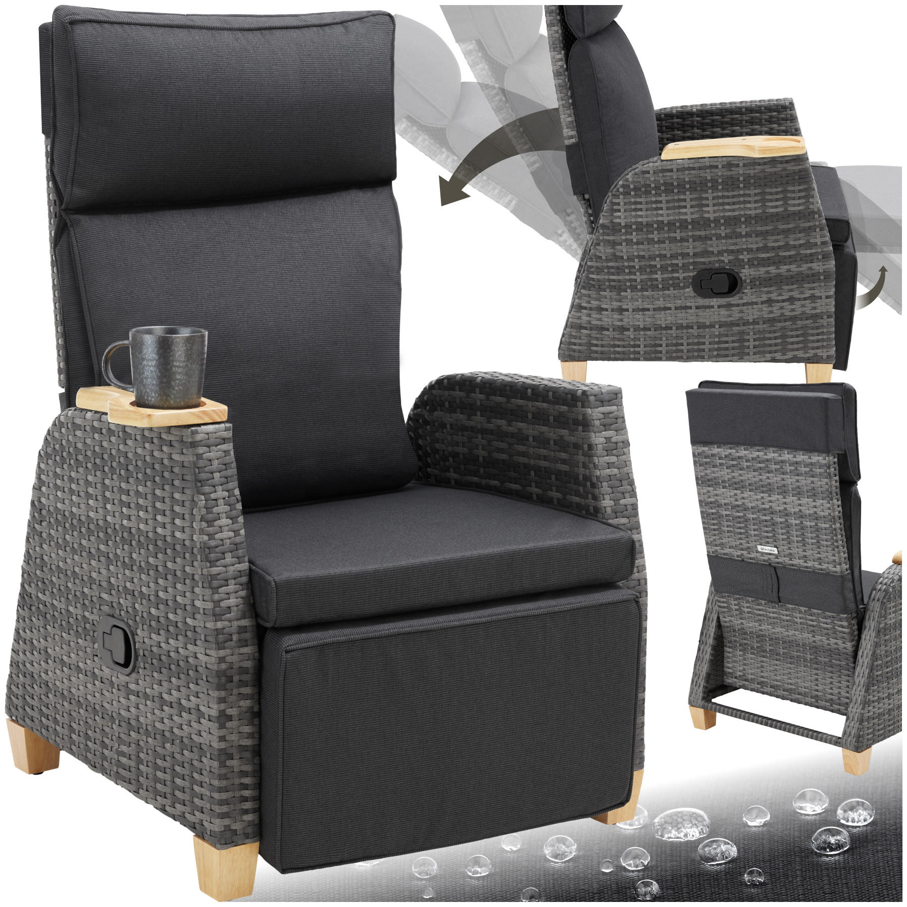 RATTANSESSEL Pescara,68,5 x 67 - 128 x 87 - 104 cm,grau - Grau, Kunststoff (68.5/104/128cm) - tectake