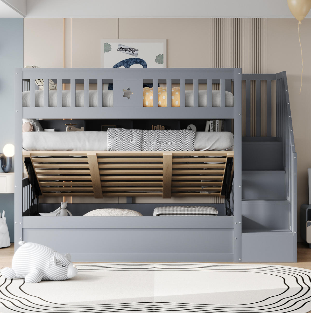 ETAGENBETT mit Stauraum 90x200 cm Kiefernholz Grau - Grau, Holzwerkstoff (90/200cm) - Beauniv