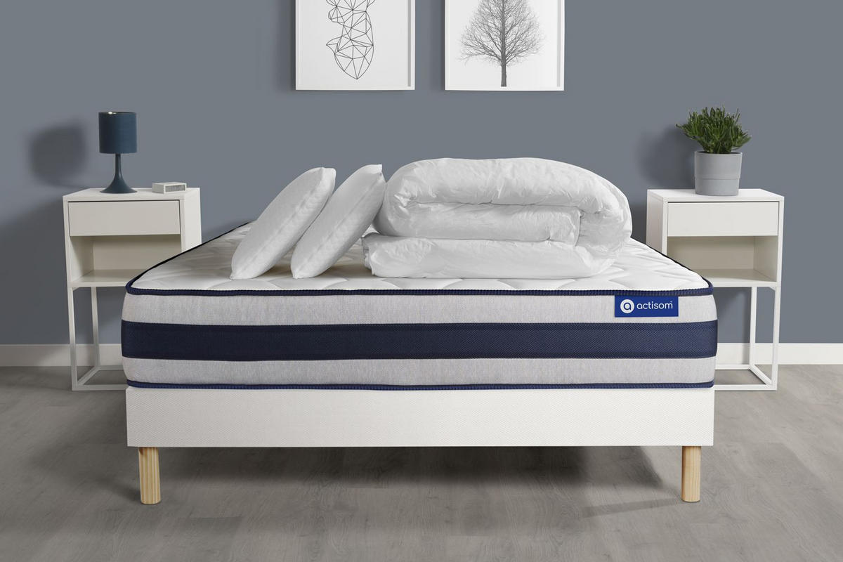 BETT Actiflex ergo Taschenfederkern und Memory-Schaum 200 x 200 cm h4 - Kit Bettgestell Weiß - Mit Kissen und Bettdecke - Beige/Weiß, Holz/Textil (200/200cm) - ACTISOM