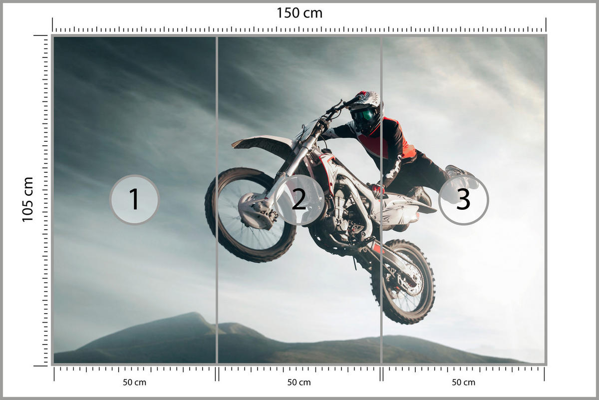 FOTOTAPETE für Jugendzimmer Motocross Sprung Mann Sport Berge Action 150x105 - Grau, Papier (150/105cm) - Muralo