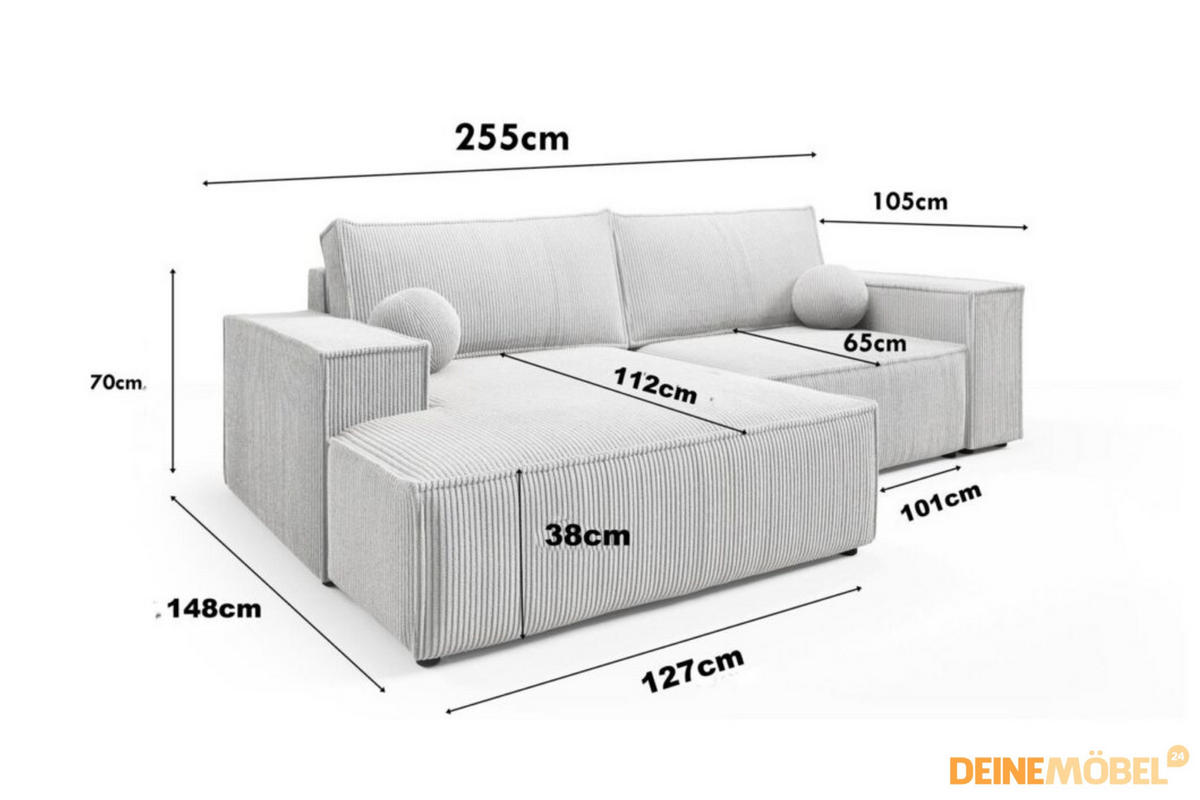 ECKSOFA NEPTUN 255/148 in Cord Anthrazit rechts - Anthrazit, Holz/Holzwerkstoff (255/148cm) - Deine Möbel 24