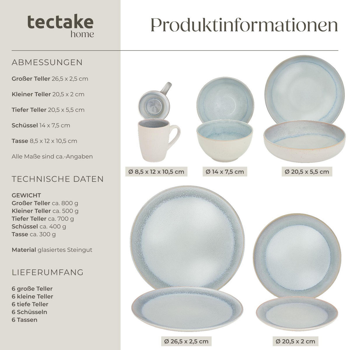 KOMBISERVICE Mare, ineinander stapelbar, grau - Grau, Keramik (26.5/2.5/26.5cm) - tectake