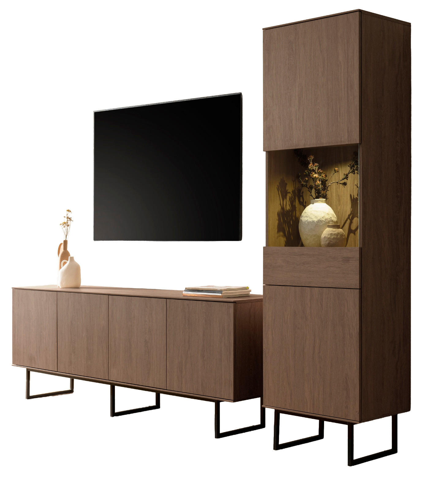 WOHNWAND in Nussbaum 2-teilig 273 cm, Wohnkombination mit Push-to-Open - Nussbaumfarben/Schwarz, Glas/Holzwerkstoff (273/200/40cm) - Furn.Design