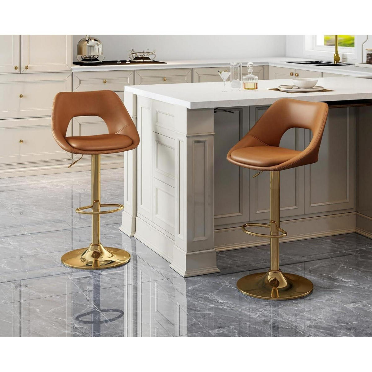 BARHOCKER 4er Set höhenverstellbar drehbar mit Rückenlehne und goldener Fußstütze, braun - Braun, Kunststoff (51/106.5/51cm)
