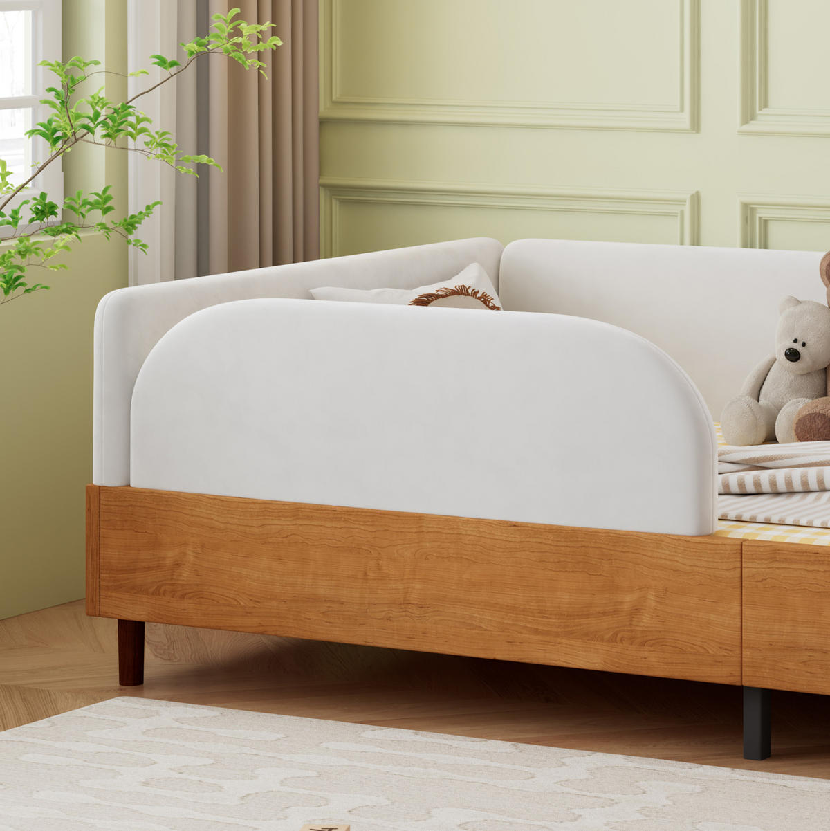 POLSTERBETT 90/200 cm in Weiß & Natur mit 2 Stautaschen Samt im Holz-Design - Weiß/Naturfarben, Holzwerkstoff/Textil (90/200cm) - STILVORA