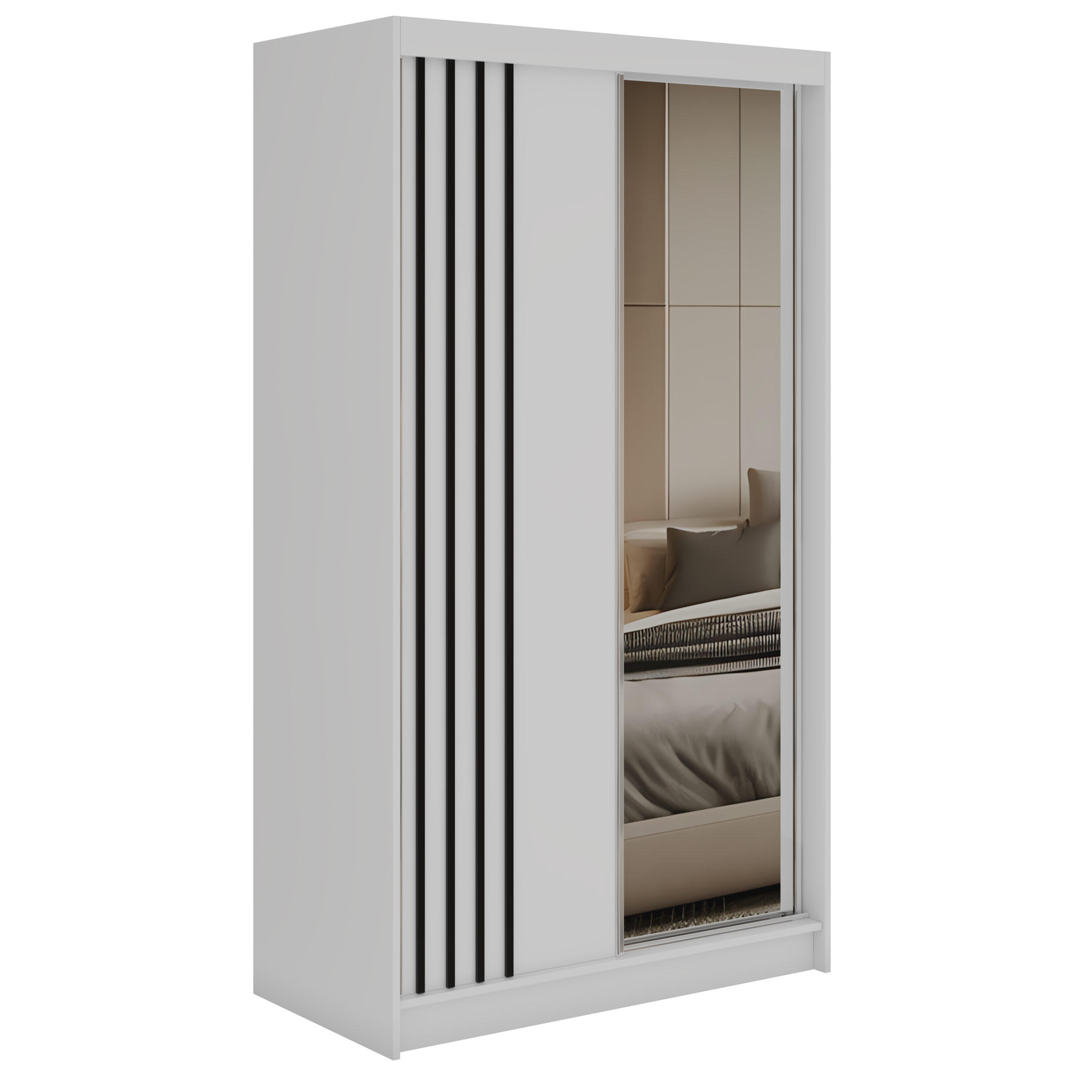 SCHWEBETÜRENSCHRANK mit Lamellen und Spiegel DIANA - 120 - Weiß und Schwarz - Schwarz/Alufarben, Holzwerkstoff/Metall (120/216/61cm) - MKS