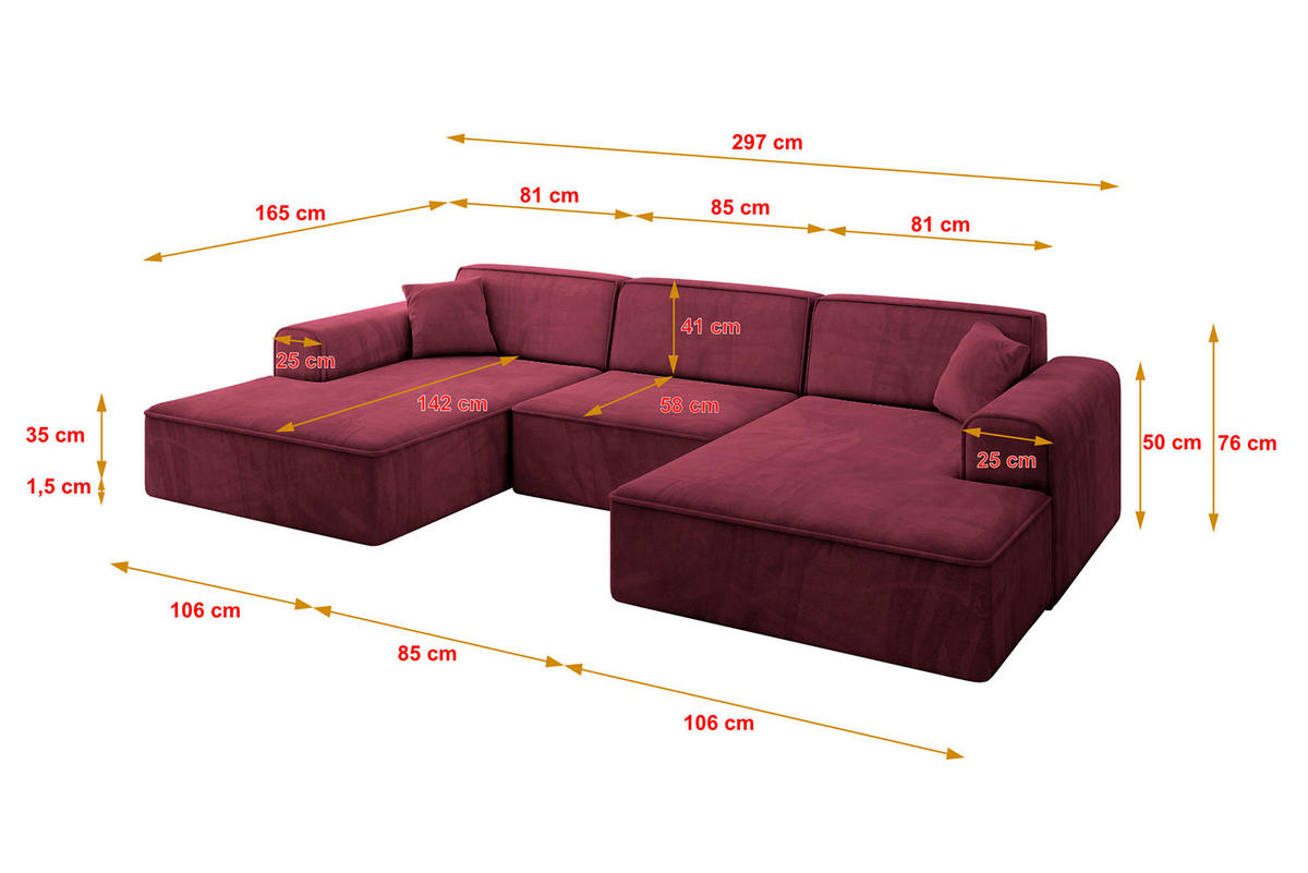 WOHNLANDSCHAFT IREA-U1-v3 - 297x165x76 cm Bordeauxrot - Bordeaux, Holzwerkstoff/Textil (297/76/165cm) - ALTDECOR