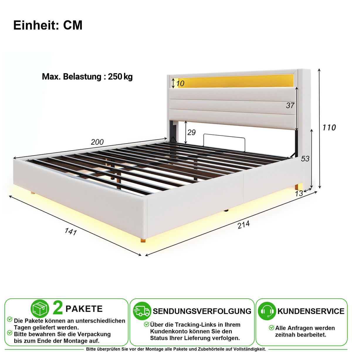 POLSTERBETT 140/200 cm in Beige mit Bettkasten, USB und LED - Beige, Holzwerkstoff/Textil (140/200cm) - CHICFURN