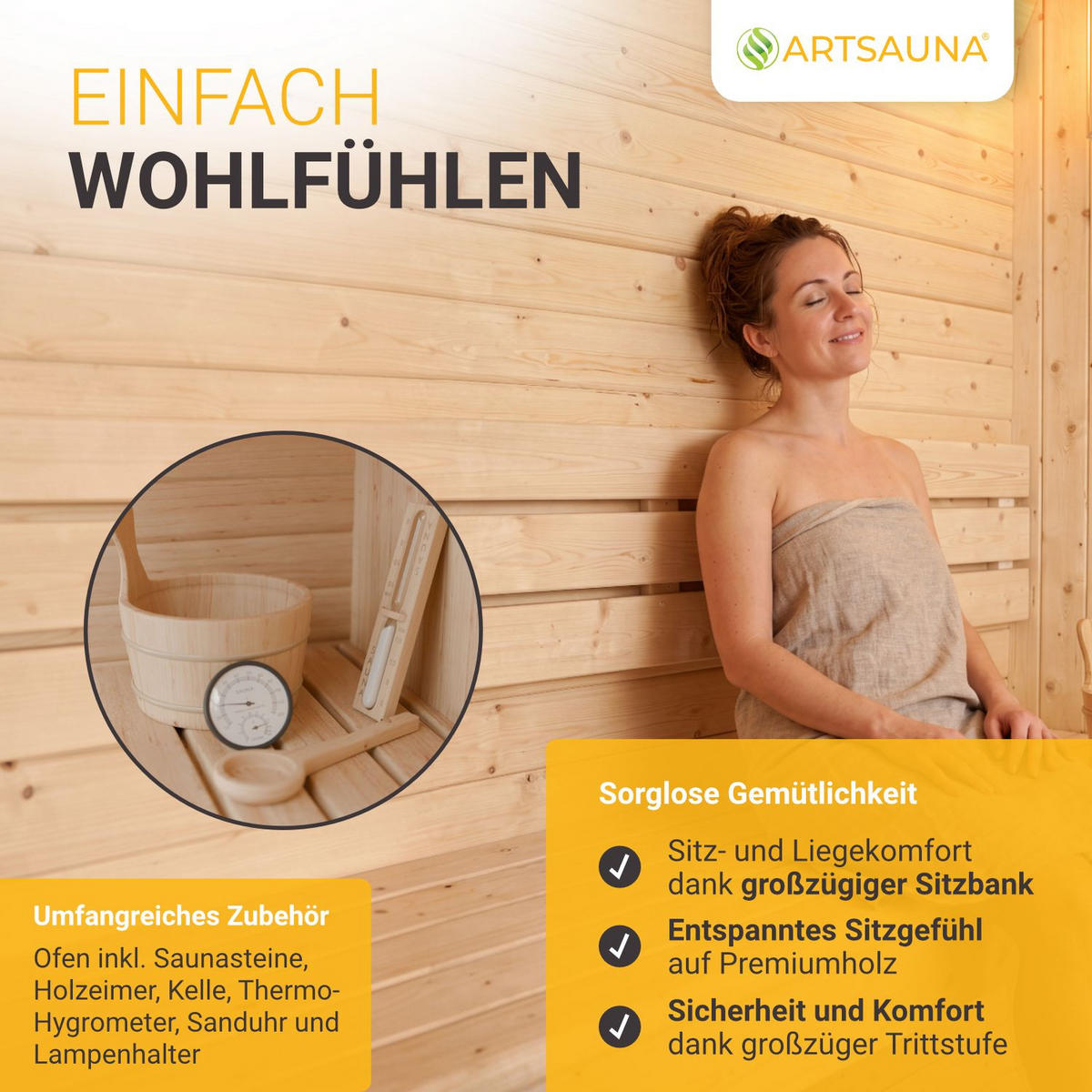 FASSSAUNA Fjora L 9 kW Saunaofen (6 Personen) - Naturfarben, Holz (228/225/180cm) - Artsauna