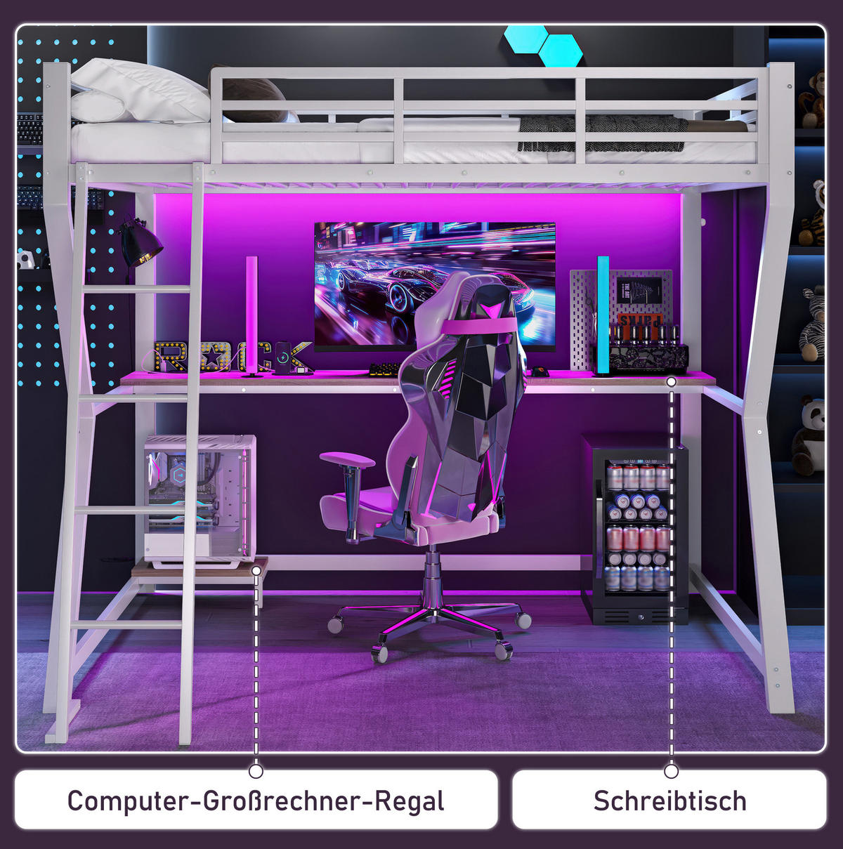 HOCHBETT 90/200 cm Weiß aus Metall mit LED-Beleuchtung Schreibtisch und Steckdose - Weiß, Metall (90/200cm) - OKWISH